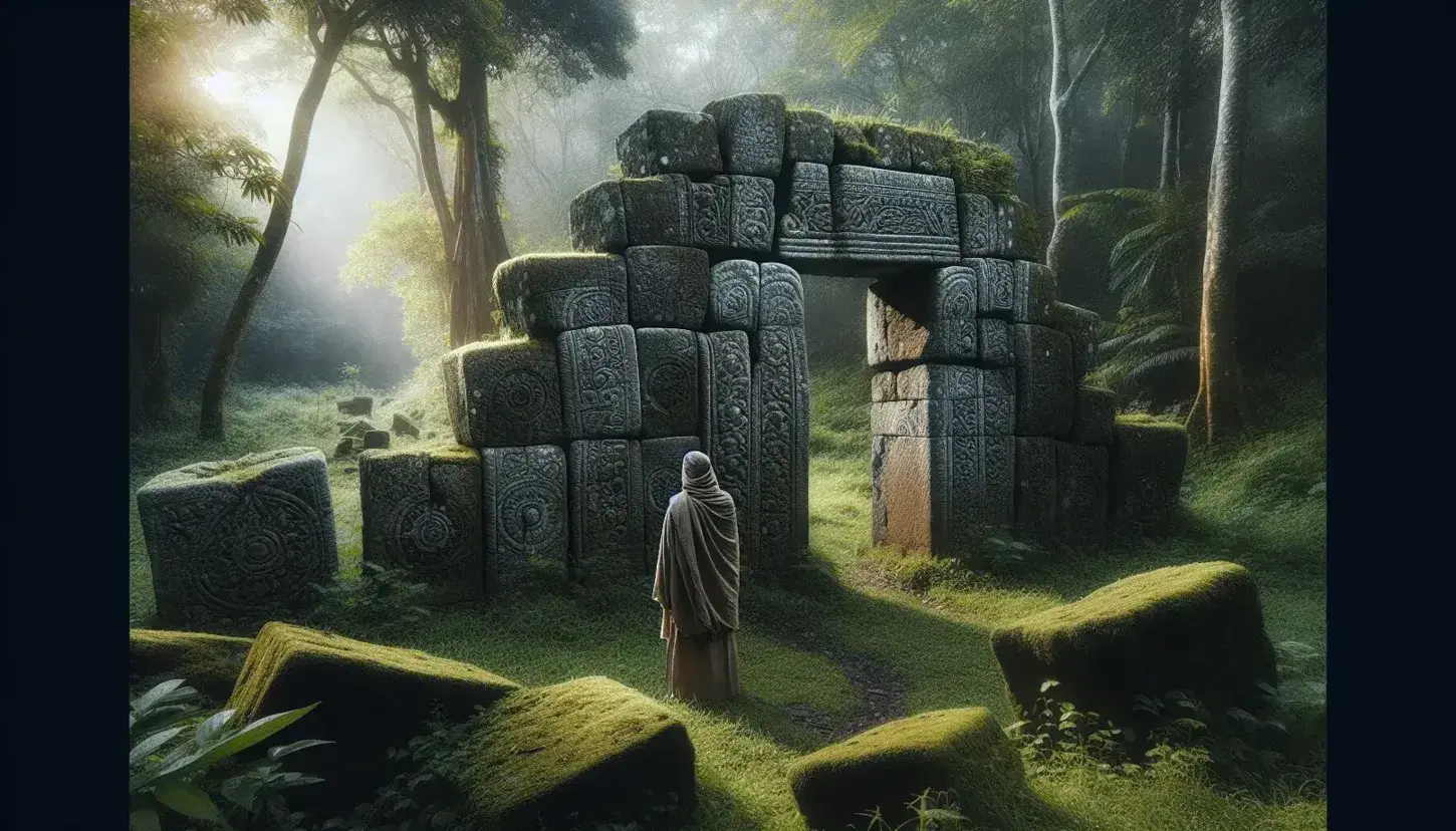 Restos de una antigua estructura de piedra en forma de arco con musgo, rodeada de vegetación densa y una figura humana de espaldas contemplándola.