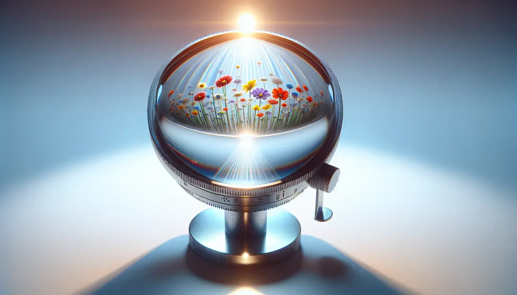 Convex glass lens held by metallic clamp with light creating a projection of upside-down, colorful flowers on a gradient blue-white background.