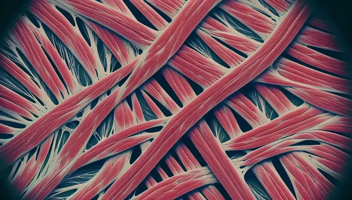 Vista microscópica de fibras musculares entrecruzadas con estructuras estriadas en tonos rojos y rosas, sin núcleos visibles, sobre fondo oscuro.