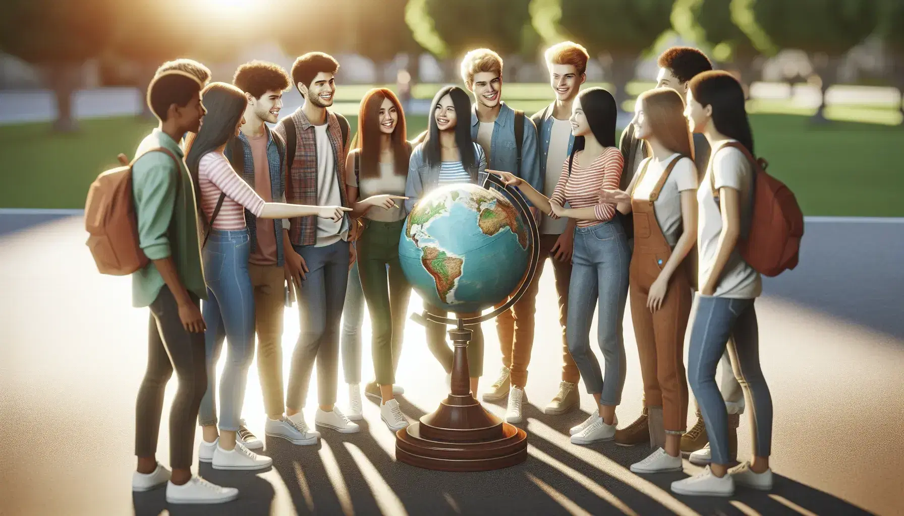 Diverse group of students engaged in discussion around a world globe outdoors, pointing and gesturing, with a sunny backdrop.
