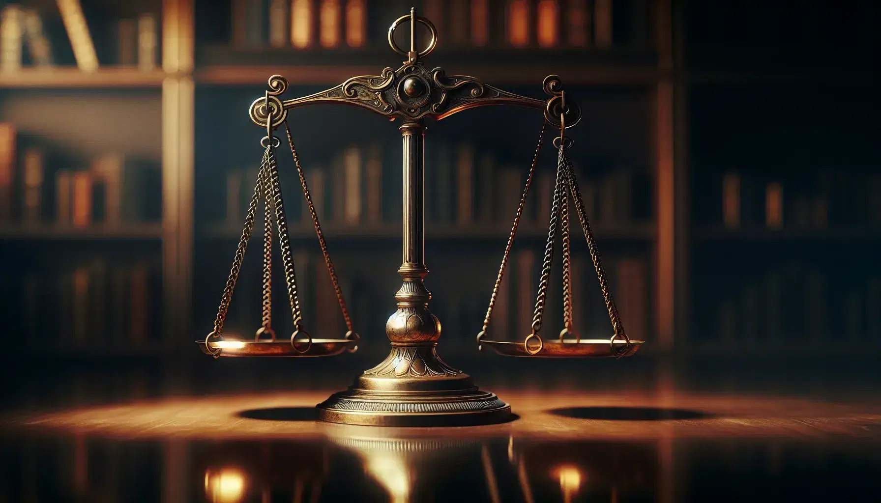 Bilancia antica in equilibrio su superficie in legno scuro con sfondo sfocato che suggerisce una libreria.