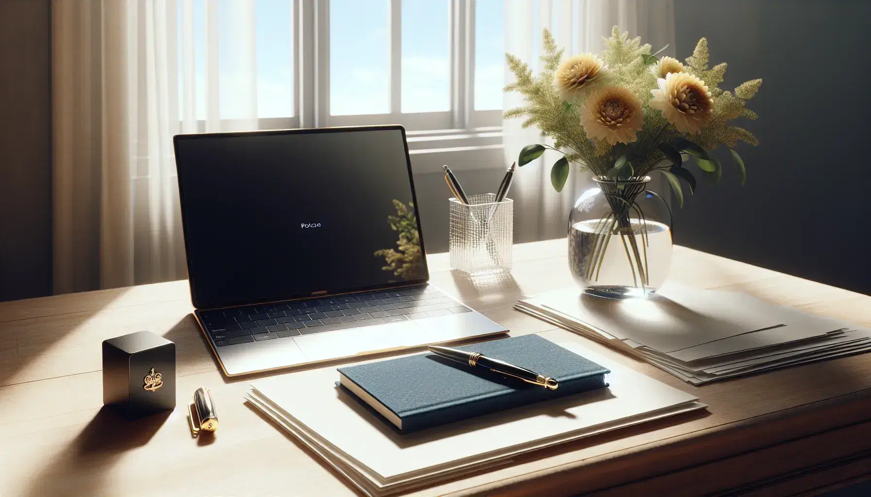 Scrivania in legno chiaro con laptop aperto, quaderno blu, penna stilografica e vaso di fiori gialli, illuminata da luce naturale.