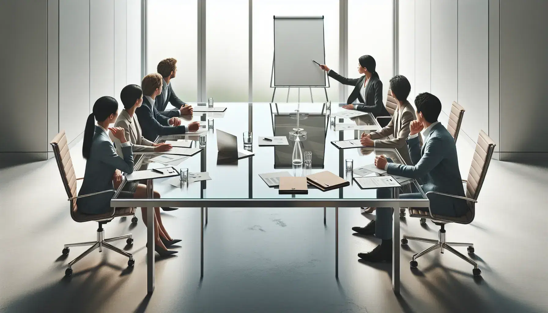 Diverse team in business attire engaged in a meeting around a modern glass table with folders, pens, a laptop, and a blank whiteboard.