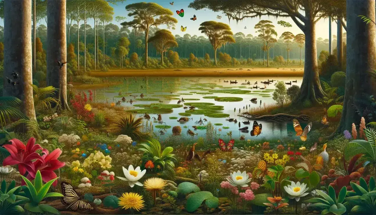 Paisaje natural con biodiversidad, plantas verdes y flores coloridas, insectos polinizadores, patos en un lago con nenúfares y bosque denso al fondo bajo un cielo azul.