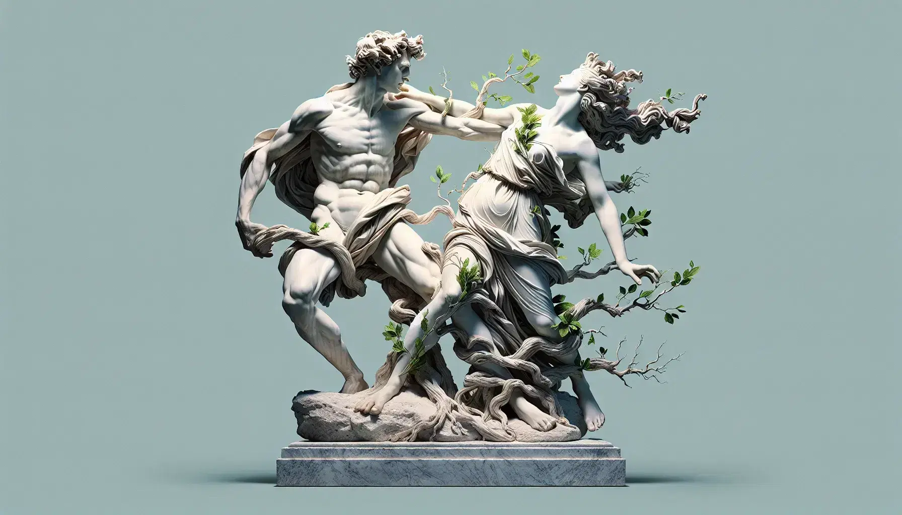 Scultura in marmo 'Apollo e Dafne' di Gian Lorenzo Bernini, che mostra Apollo in inseguimento e Dafne in trasformazione arborea.