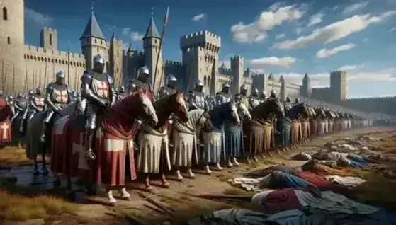 Escena medieval con caballeros armados a caballo frente a un castillo, bajo un cielo azul con nubes dispersas y detalles de batalla en primer plano.