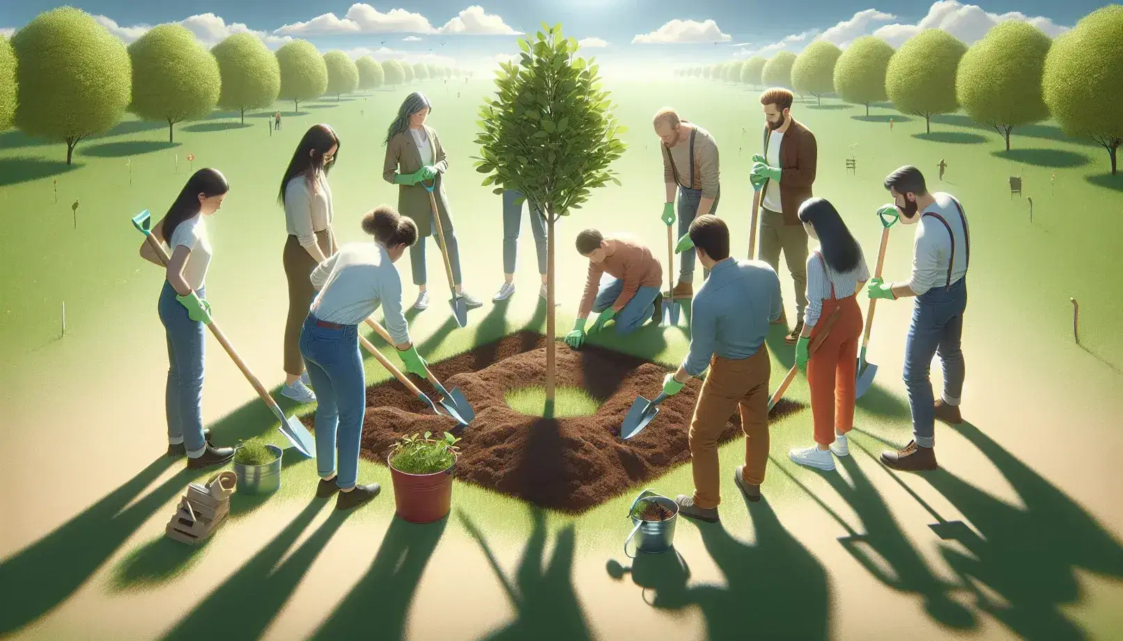 Grupo de personas colaborando en la plantación de un árbol joven en un espacio verde bajo un cielo azul claro.