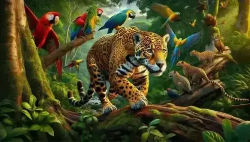 Jaguar on the move in the Amazon forest with plumage of a red macaw, colorful birds, green iguana and blue arrow frog.
