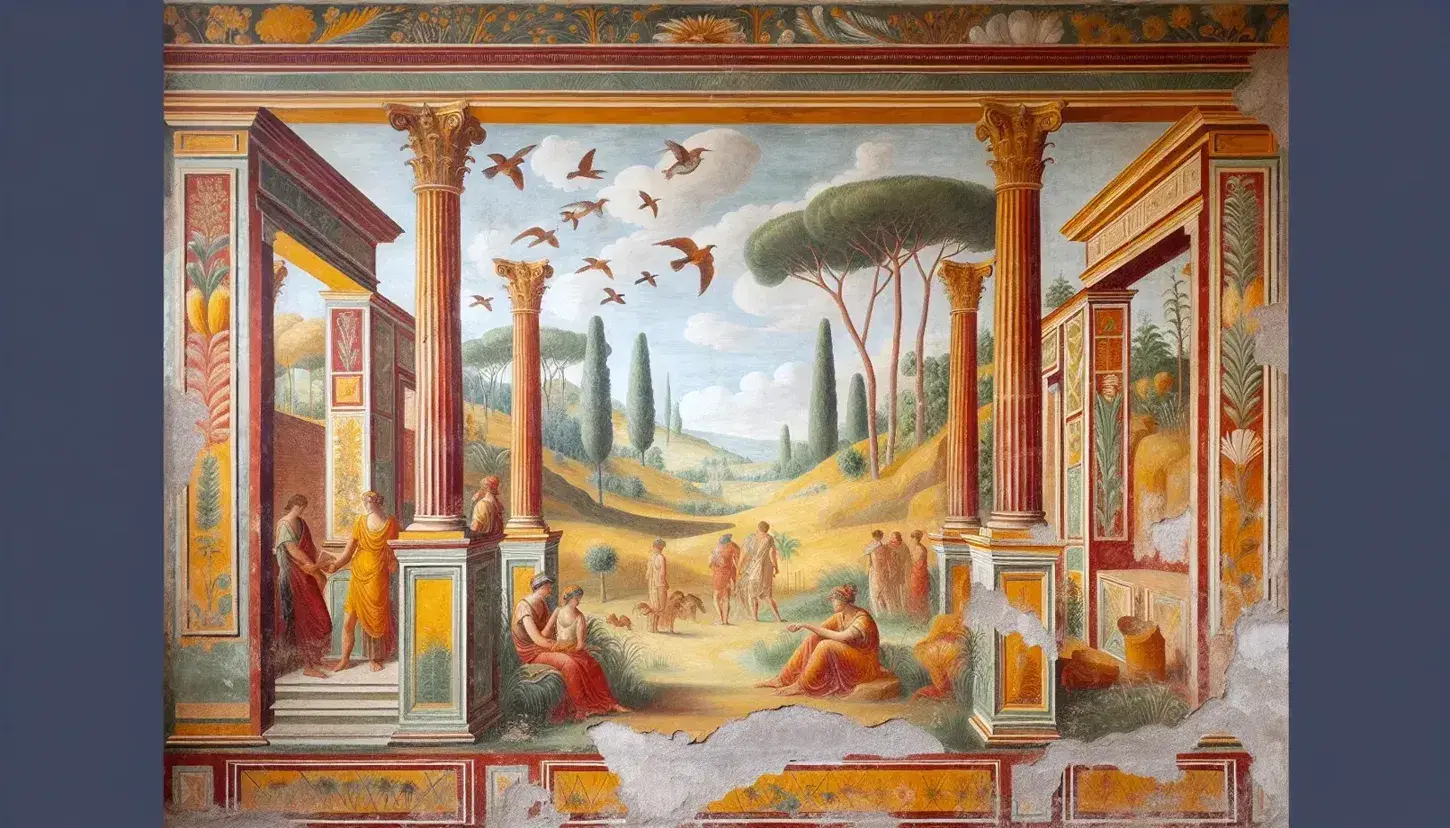Affresco romano con scena bucolica, figure umane e paesaggio campestre, circondato da elementi architettonici dipinti.