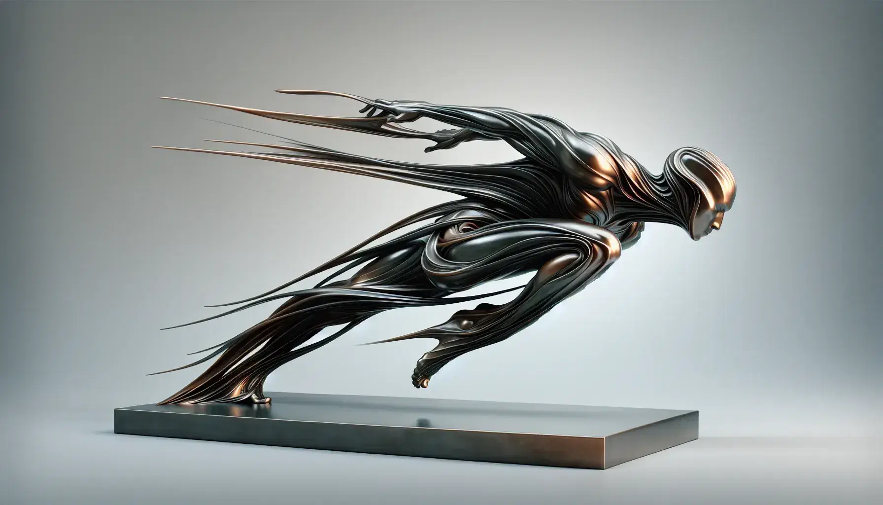 Scultura futuristica in bronzo raffigurante figura umana in movimento con linee dinamiche e superficie che varia da marrone scuro a dorato.