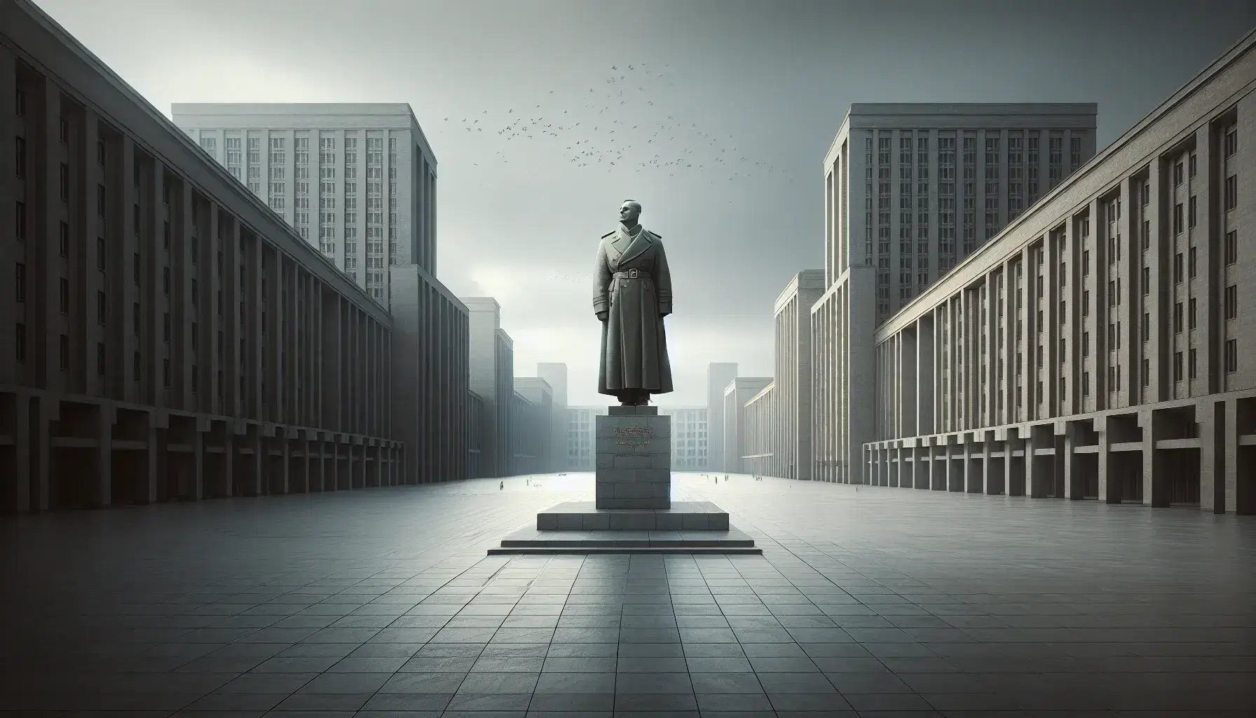 Piazza vasta con architettura razionalista e statua bronzea di figura maschile in uniforme militare su piedistallo, cielo nuvoloso sovrastante.