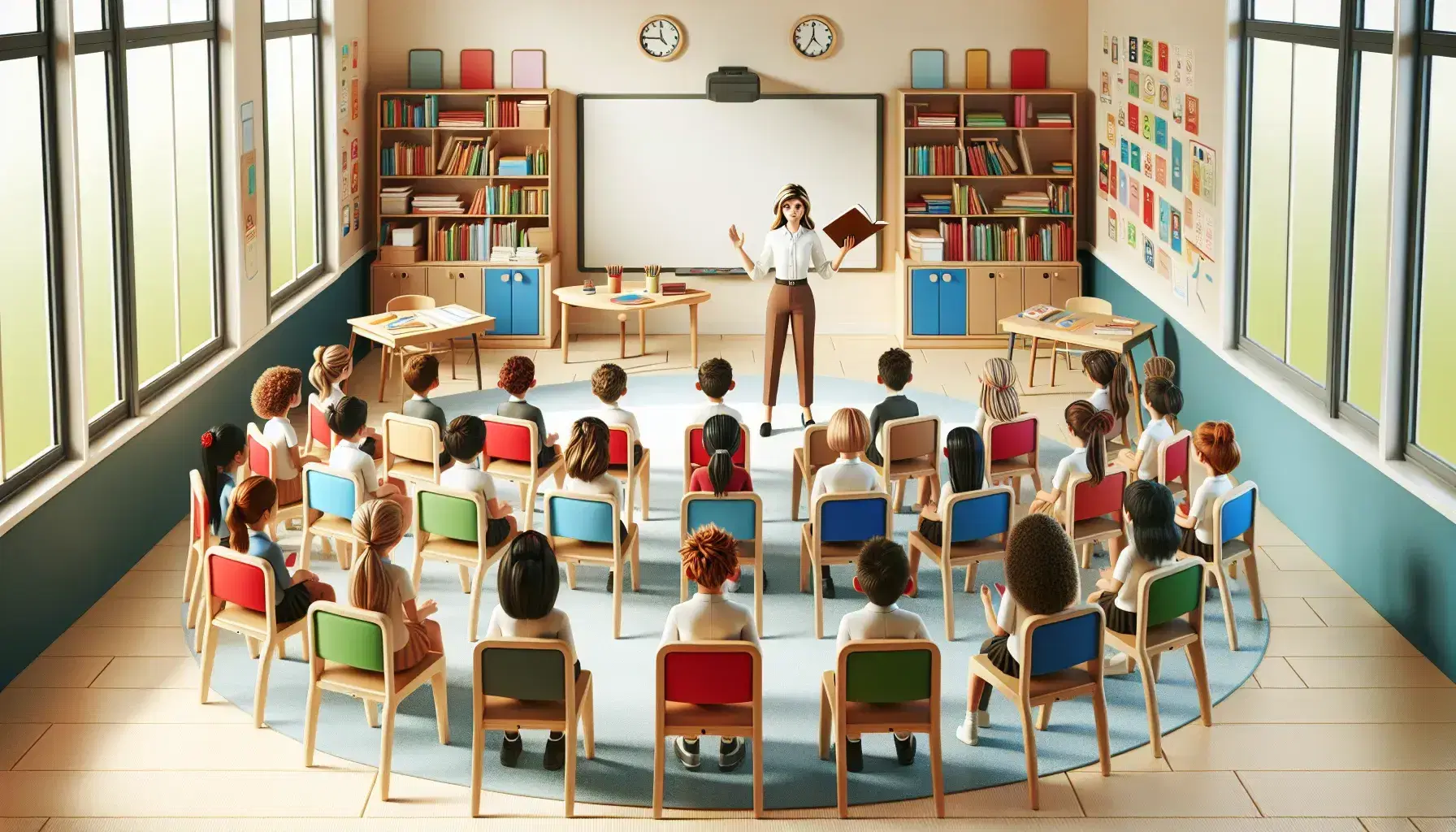 Aula escolar colorida con estudiantes de diversas edades sentados en sillas de colores alrededor de una profesora animada que lee un libro, bajo una luz natural suave.