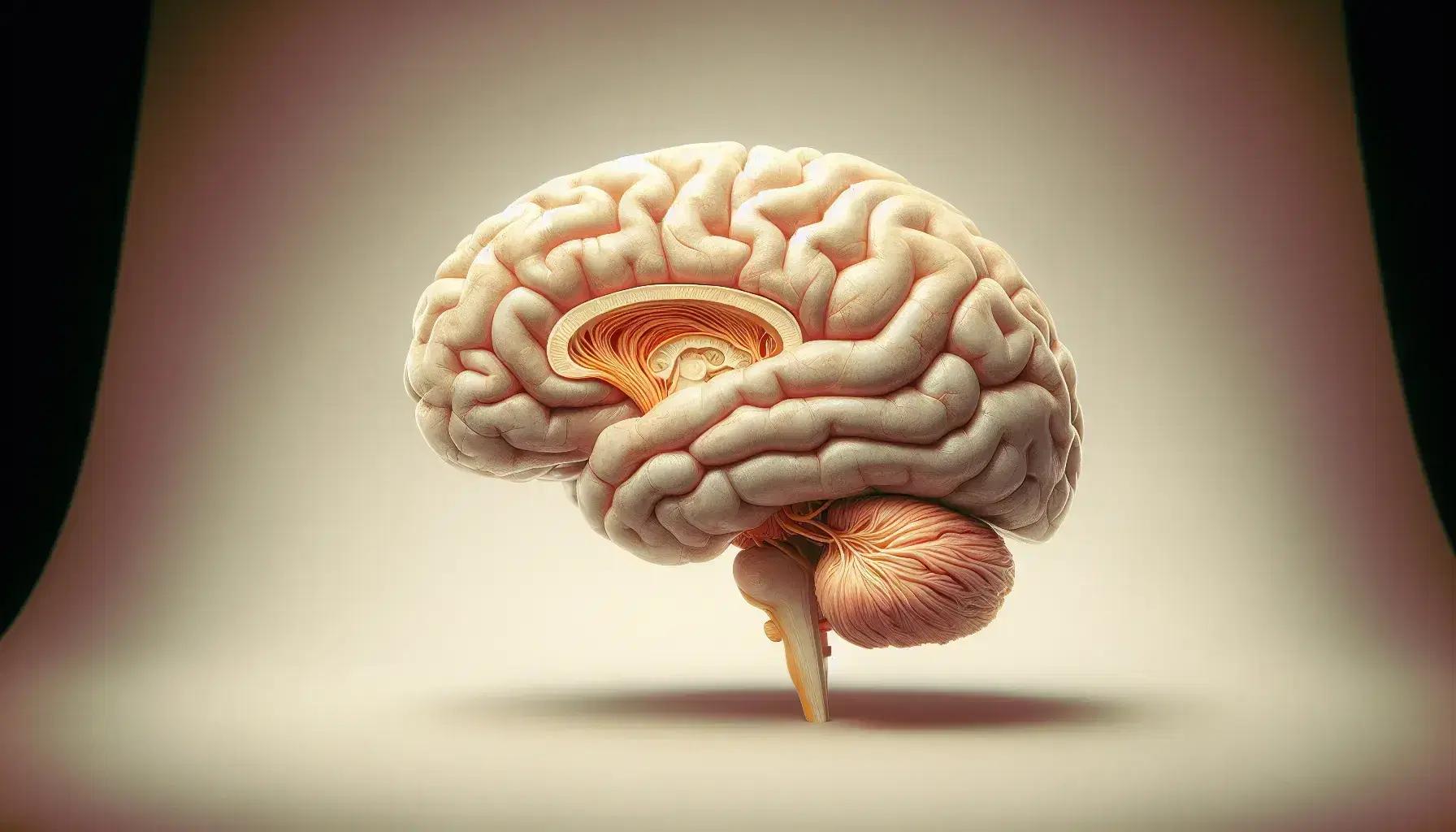 Lateral view of the human brain with amber highlighted limbic system, including hippocampus, amygdala and cingulate gyrus.