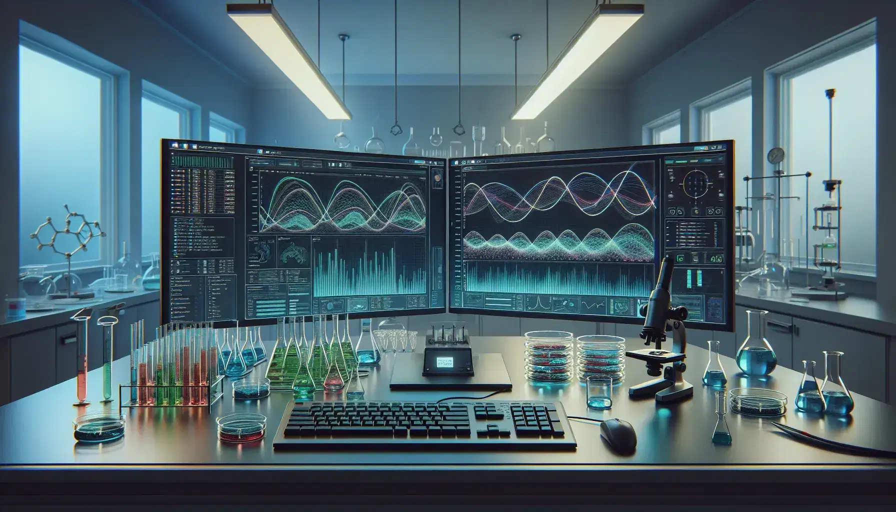 Science laboratory with computer and dual monitors showing colorful graphs, metal microscope, petri dishes and beakers on electronic scales.