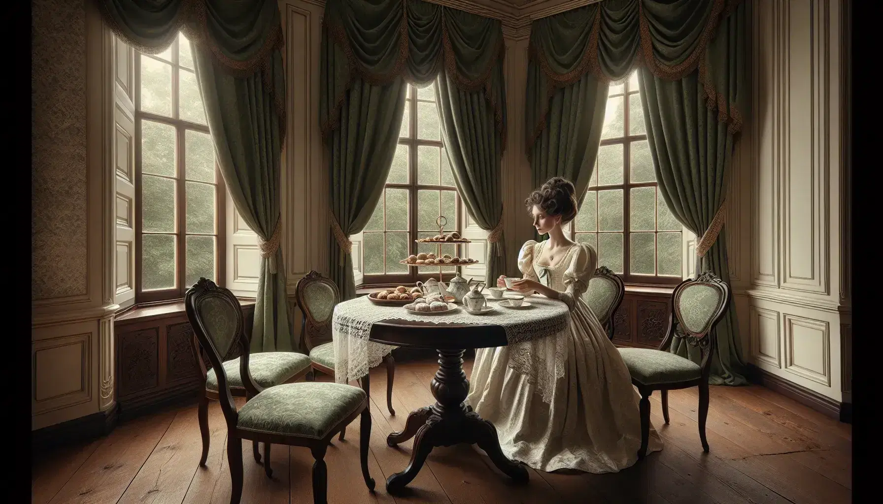 Sala da tè georgiana con tavolo rotondo, servizio da tè in porcellana, dolci assortiti e giovane donna in abito d'epoca.