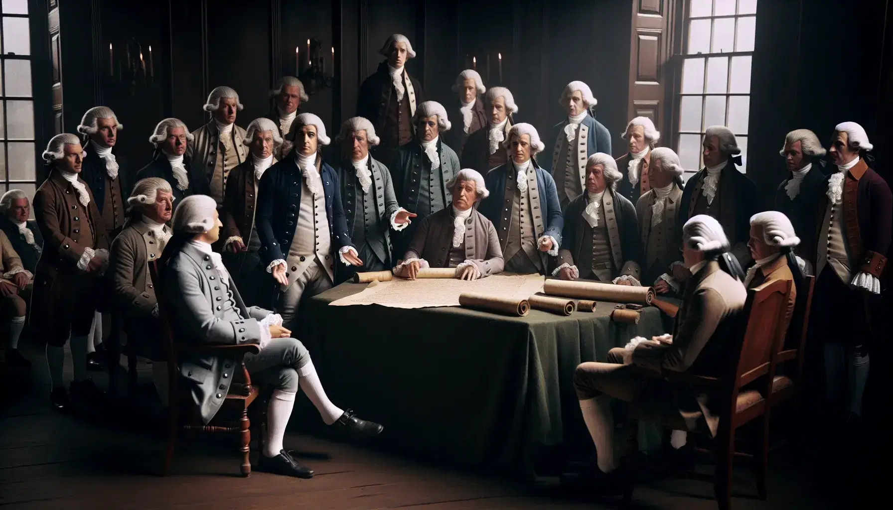 Rievocazione storica della firma della Dichiarazione d'Indipendenza con uomini in abiti d'epoca e parrucche, discutendo intorno a un tavolo con pergamena.