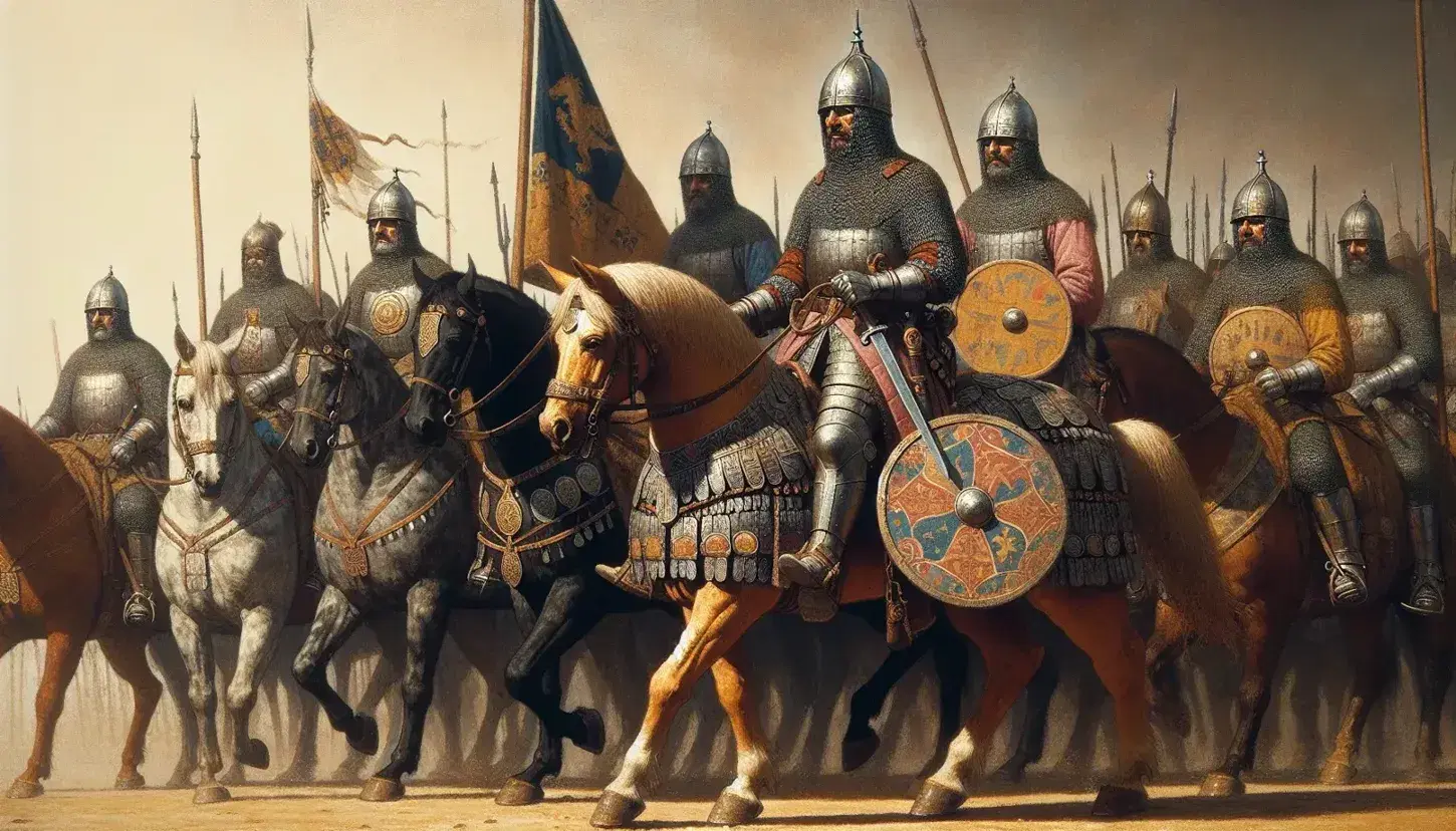 12th-century warriors on horseback with commander in chainmail and conical helmet, holding shield, amidst a desert landscape with palm trees.