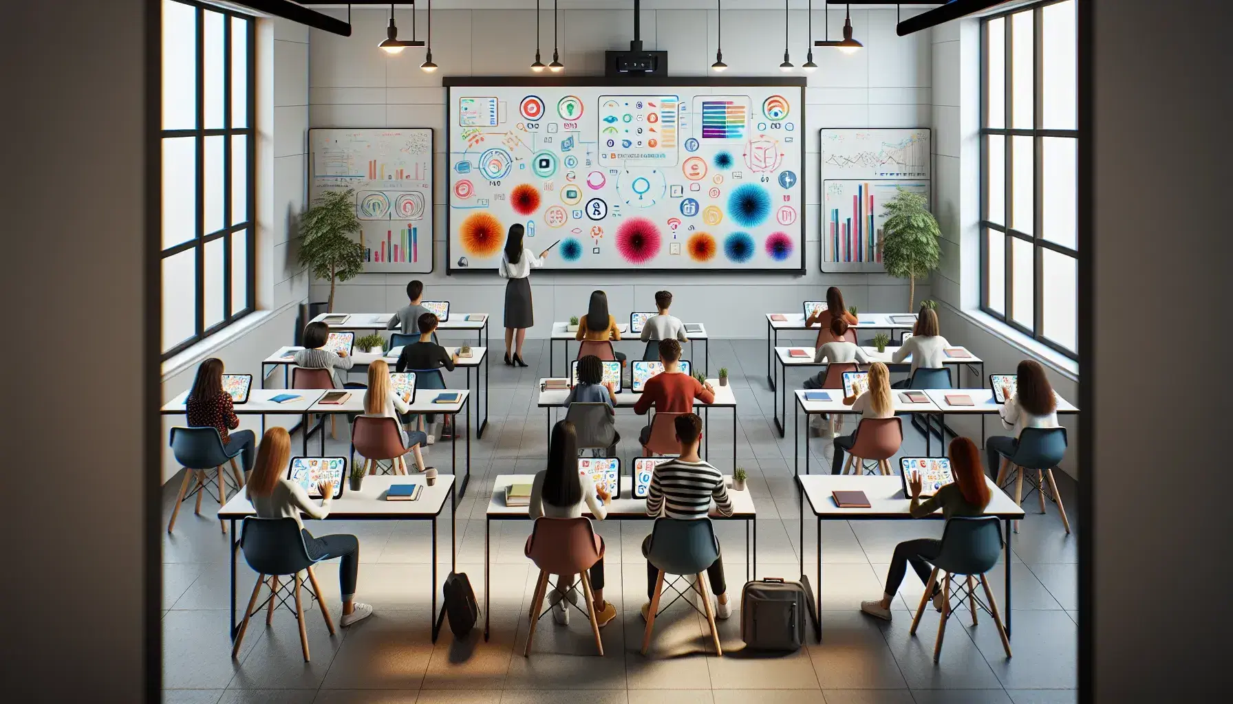 Modern classroom with diverse students using tablets and teacher gesturing at an interactive whiteboard, surrounded by natural light and greenery.