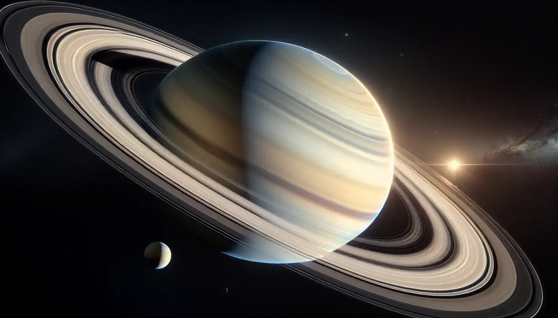 Vista spettacolare di Saturno con anelli concentrici e la luna Titan in primo piano su sfondo stellato nero.