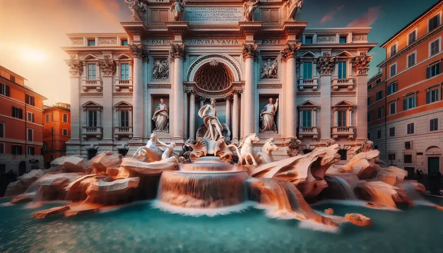 Fontana di Trevi a Roma con sculture in marmo, tra cui Nettuno su carro, al tramonto con cielo arancione riflesso nell'acqua.