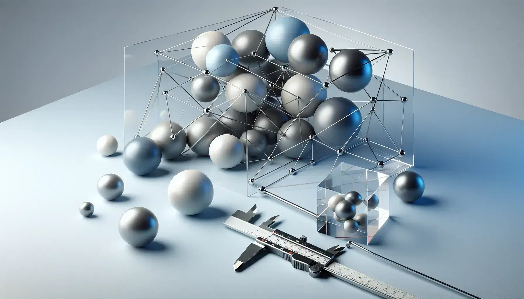 Three-dimensional geometric arrangement with spheres connected by lines, calipers measuring a sphere, and a hand drawing an arc with a compass.