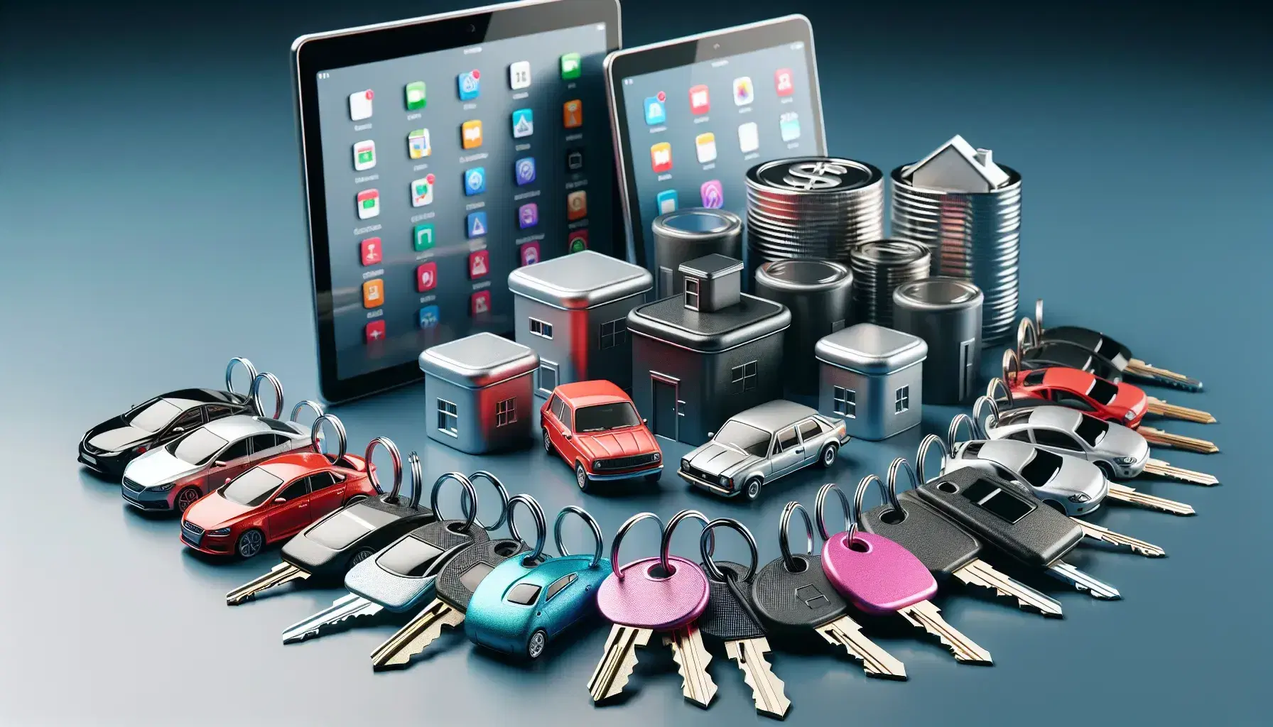 Assorted asset-backed security items including residential keys, colorful miniature cars, electronic devices, and clear plastic containers.