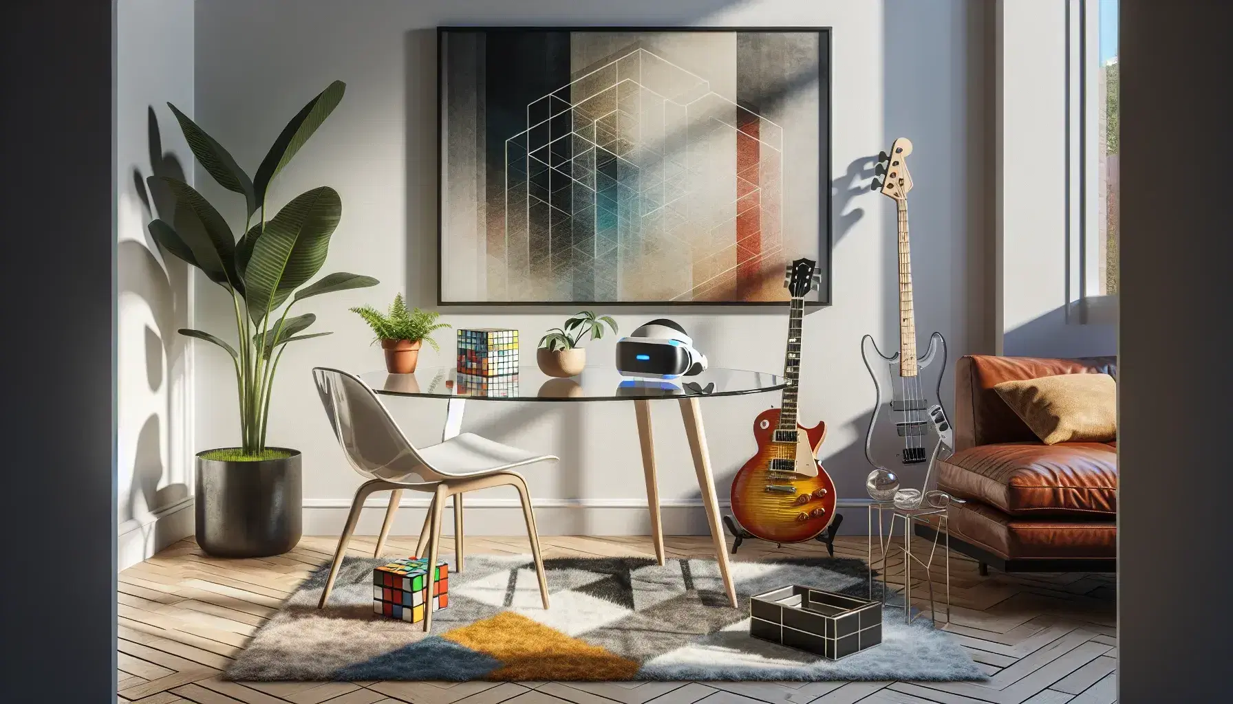 Soggiorno moderno minimalista con tavolo in vetro, tappeto geometrico, chitarra elettrica rossa, divano in pelle e quadro astratto.