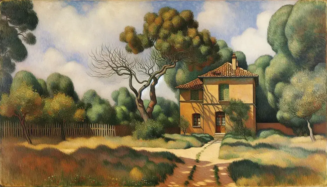 Riproduzione del dipinto 'La casa dell'impiccato' di Paul Cézanne con casa ocra, tetto rosso, alberi verdi e cielo azzurro.