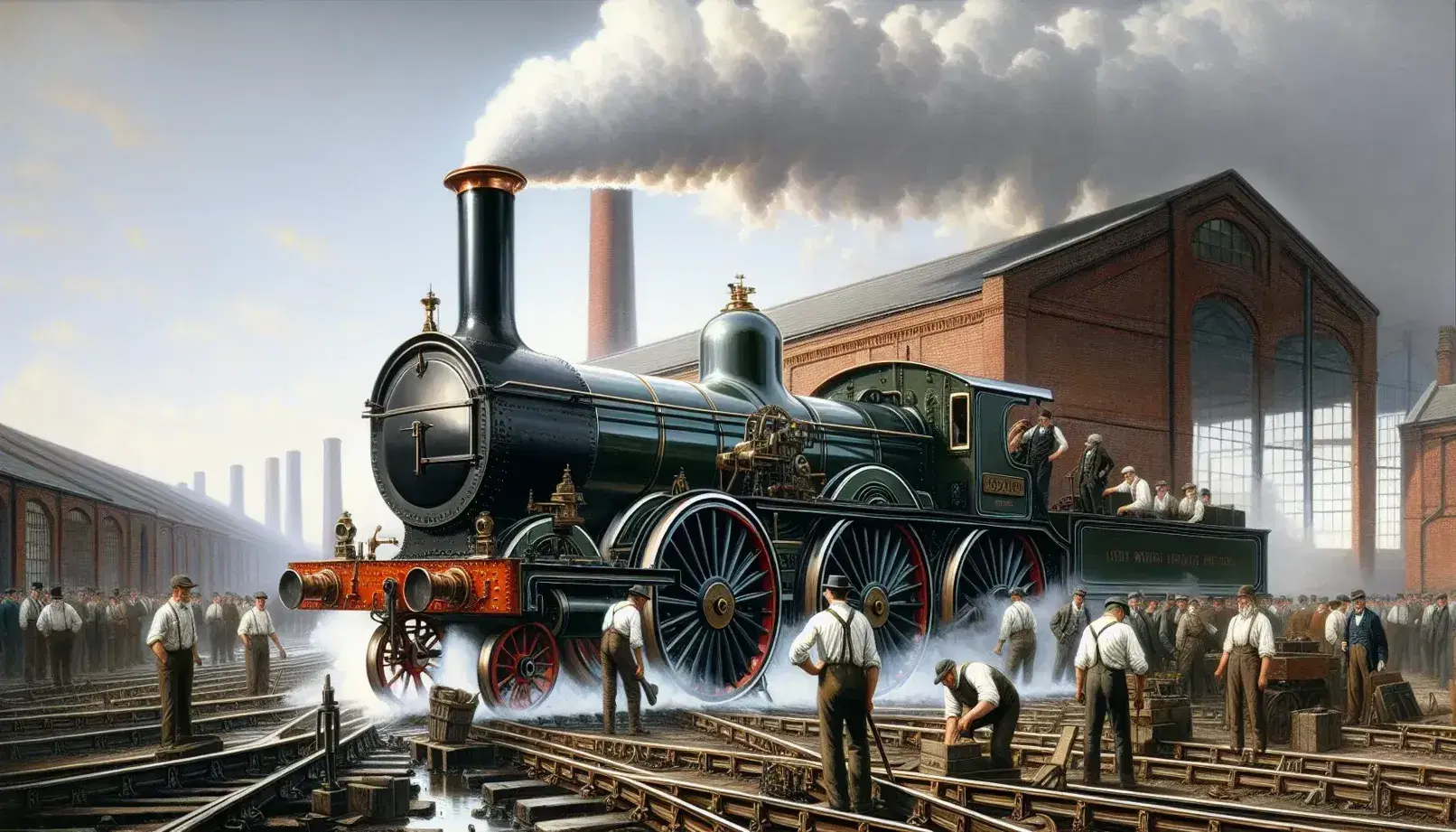 Early Industrial Revolution scene with a stationary steam engine on tracks, workers in period attire, and a red-brick factory with a smoking chimney.