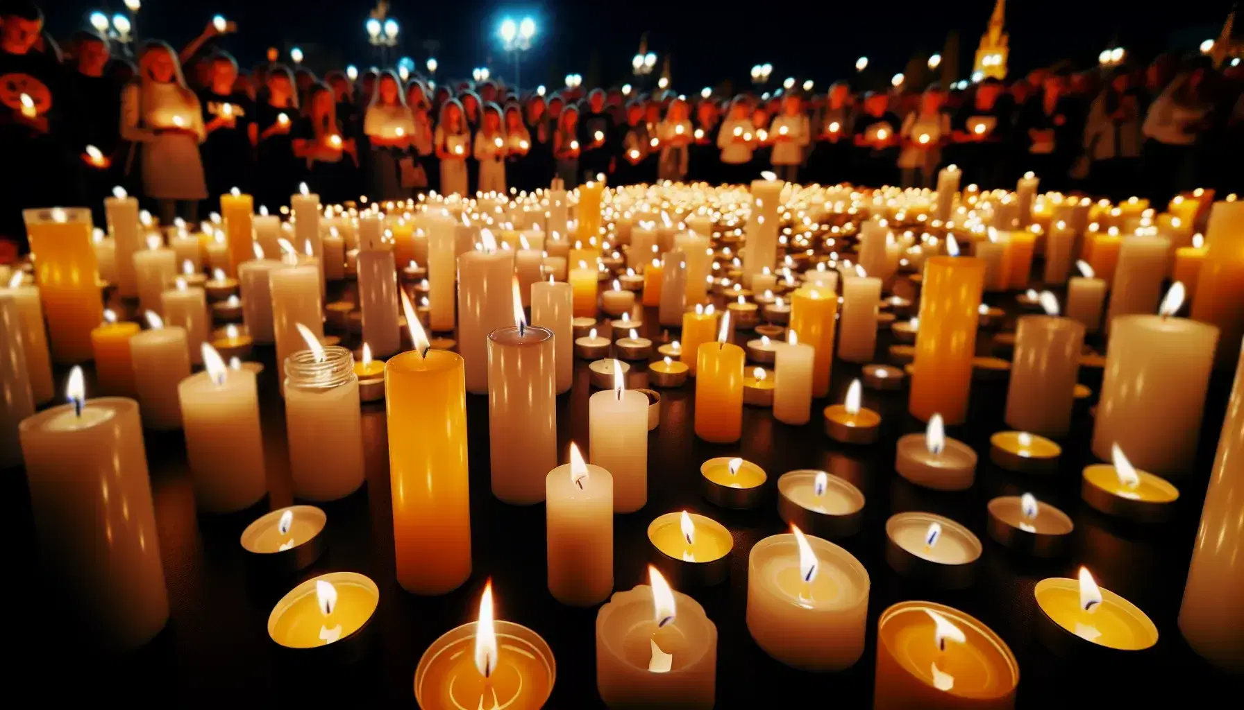 Velas encendidas con llamas amarillo-anaranjadas sobre superficie oscura en vigilia nocturna, con personas desenfocadas sosteniendo velas en el fondo.