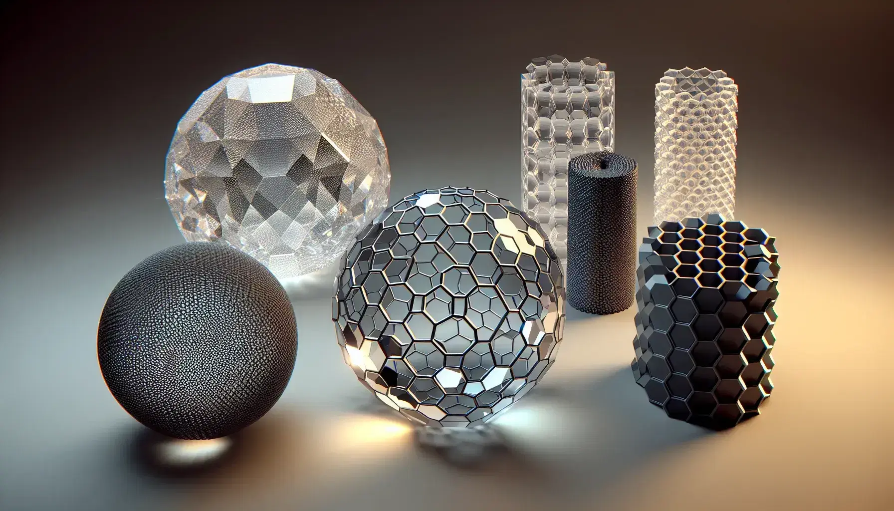 Three-dimensional models of carbon allotropes: transparent diamond, black graphene sheet and pencil graphite cylinder on gray background.