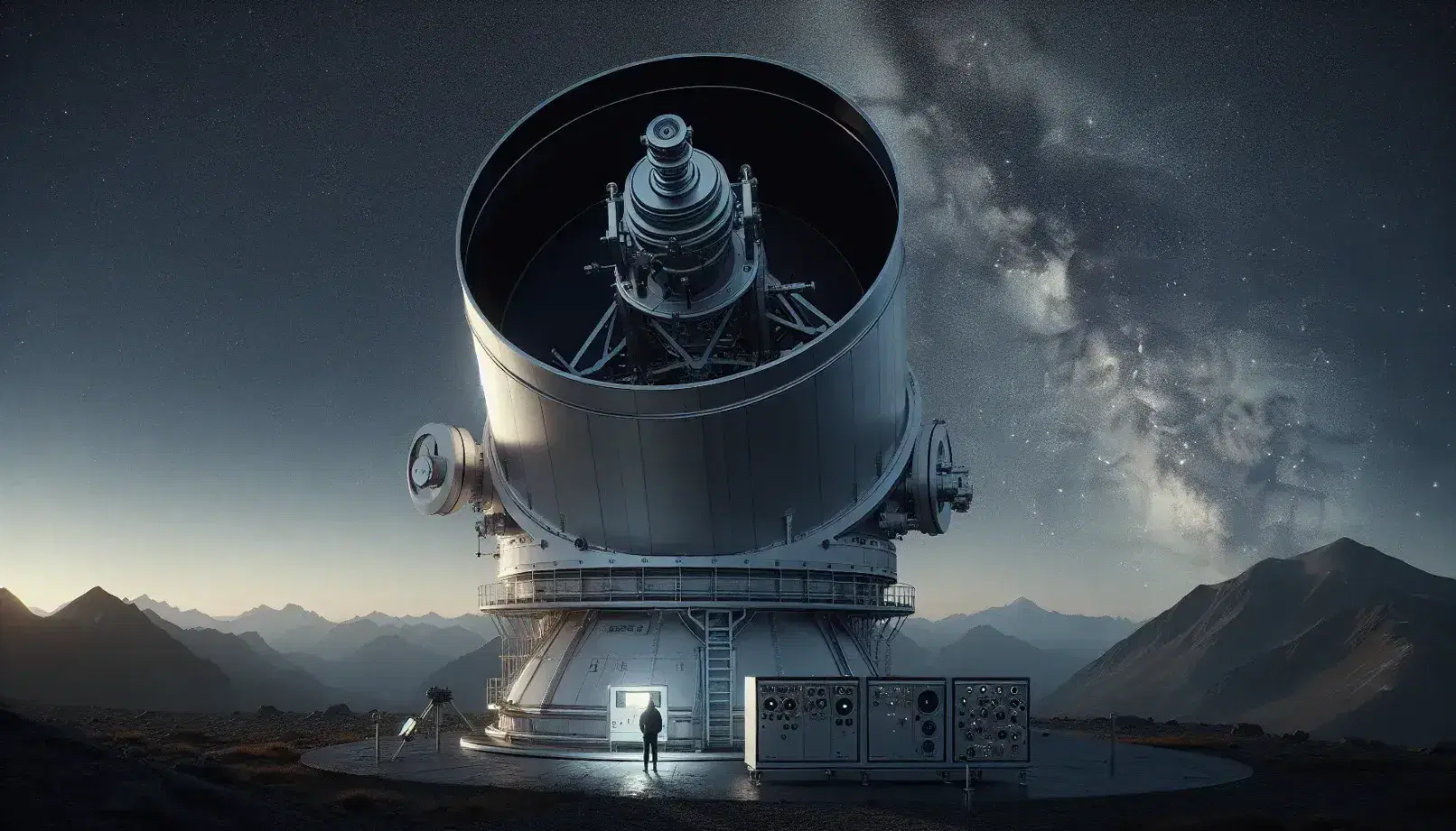 Modern astronomical telescope on a mountaintop under a starry sky, with an observer at the control panel, amidst a backdrop of the Milky Way.