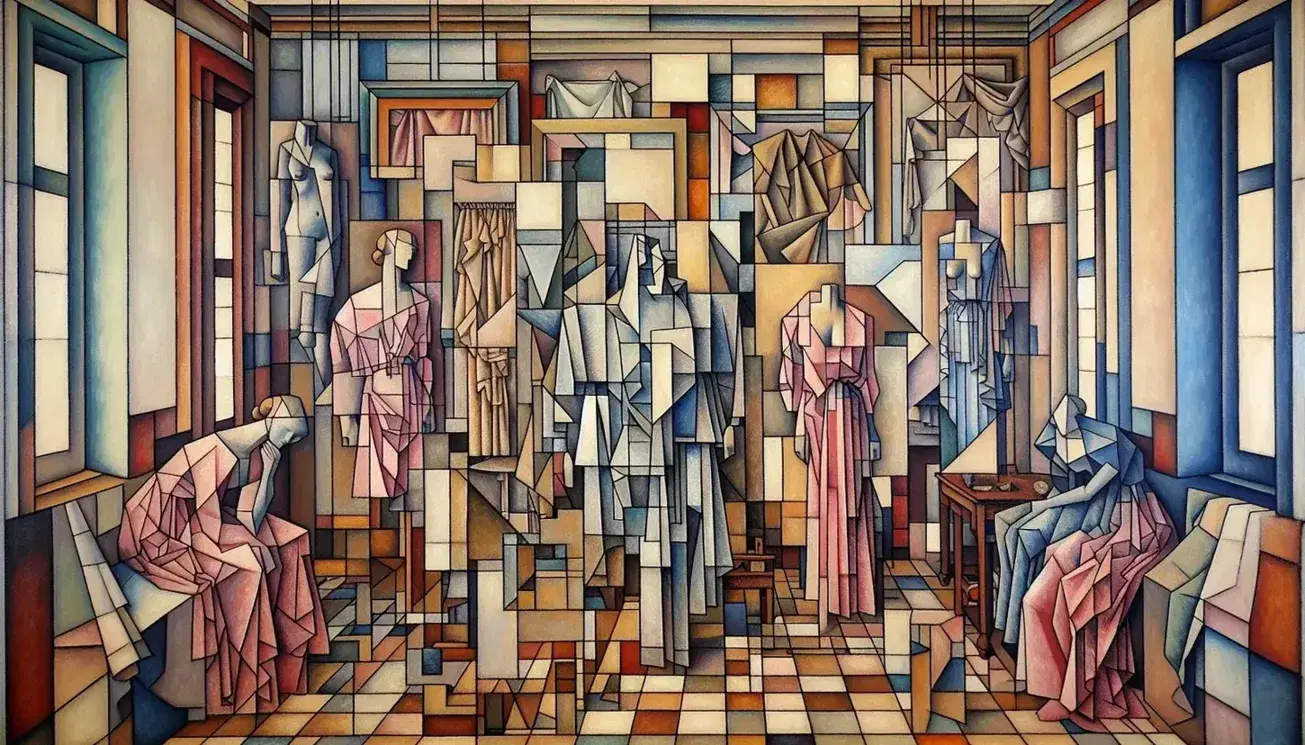 Dipinto cubista con cinque figure femminili stilizzate e geometriche, in toni di rosa, blu e beige su sfondo frammentato.
