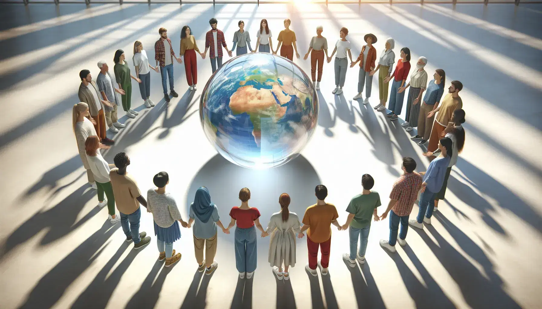 Grupo diverso de personas en círculo con esfera transparente flotante en el centro, reflejando luz en espacio iluminado y neutro.