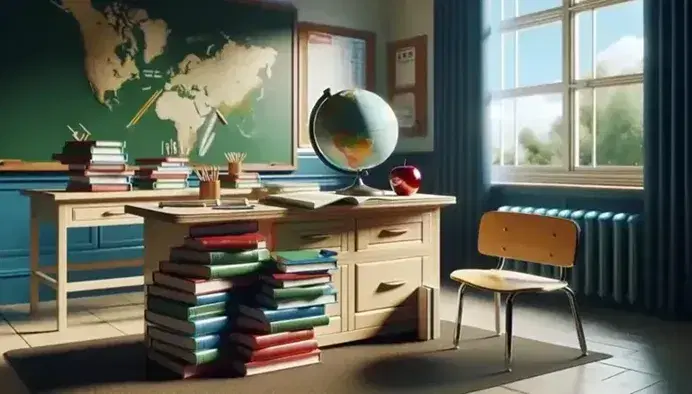 Aula scolastica ordinata con scrivania in legno chiaro, libri impilati colorati, mela rossa, globo e lavagna verde pulita, finestra aperta sul cortile.