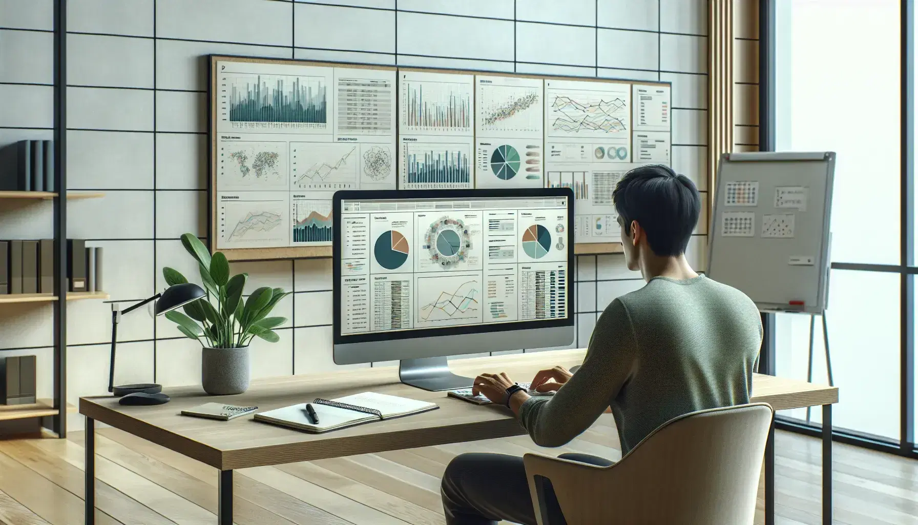 Researcher working in front of a computer with colorful graphs, notebook with sketches, pen and green plant on the background in a modern office.