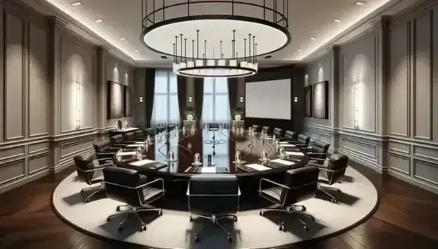 Sala conferenze elegante con tavolo ovale in legno scuro, sedie in pelle nera, microfoni direzionali e schermo per proiezioni retrattile.