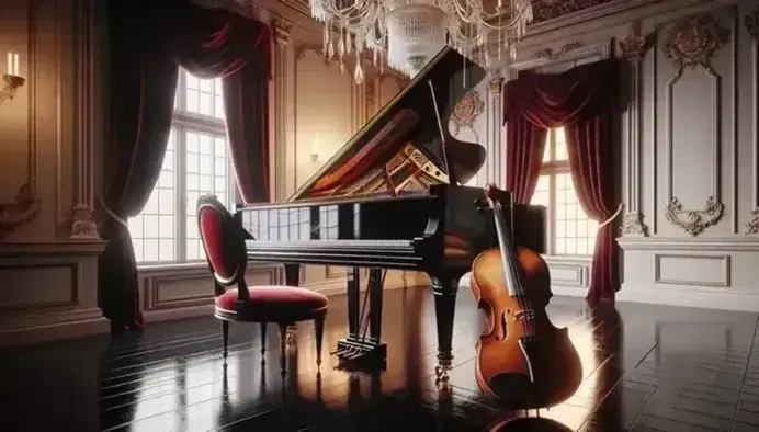 Pianoforte a coda nero lucido e violino su sedia in velluto rosso in sala d'epoca con parquet scuro e lampadario di cristallo.