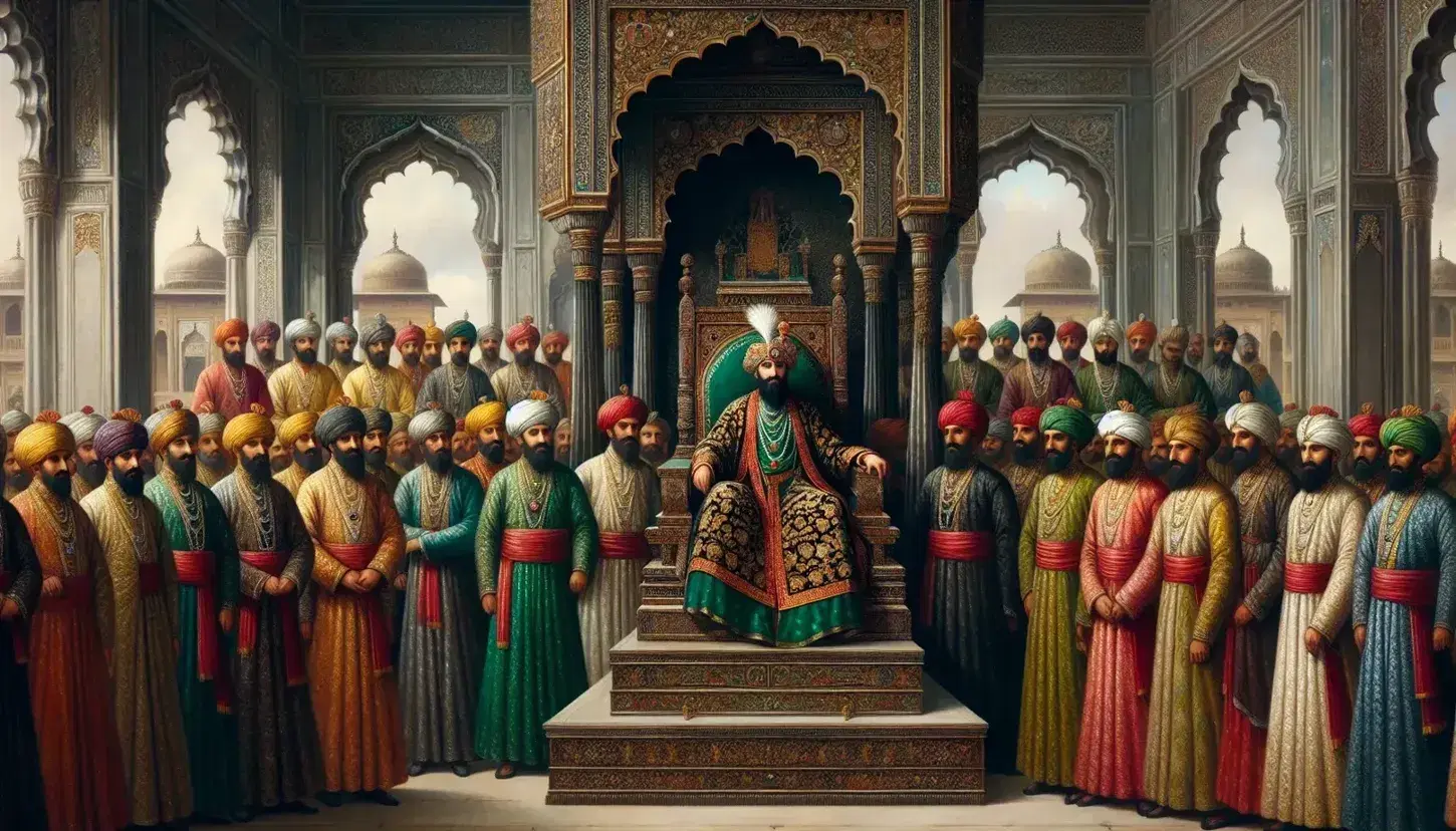 Mughal-era noblemen in a court assembly, with a central figure on a gold-inlaid throne, surrounded by men in embroidered robes, near an archway leading to a garden.