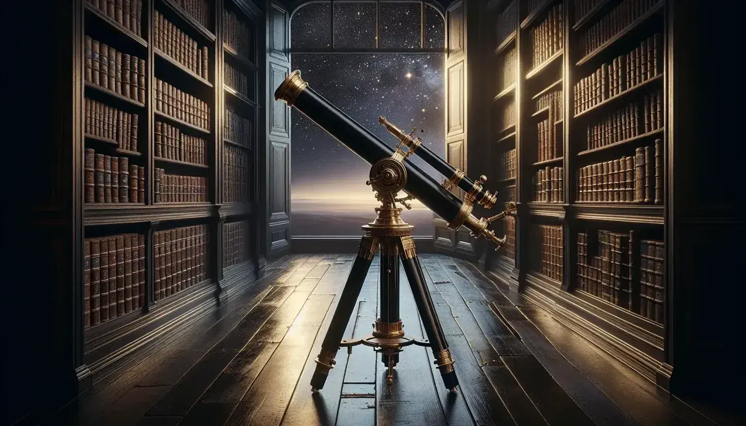 Telescopio antico del XVII secolo su pavimento in legno scuro con libreria piena di volumi rilegati e finestra aperta sulla notte stellata.