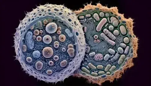 Comparison under the electron microscope between a eukaryotic cell with a nucleus and organelles and a simpler prokaryotic cell without a defined nucleus.
