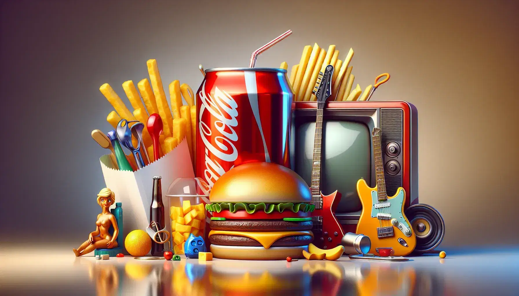 Composizione vivace di oggetti pop: lattina soda rossa, hamburger, patatine, statuetta cartoon, chitarra elettrica rossa e TV vintage.