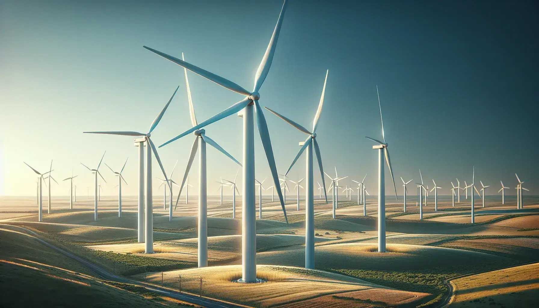 Modern wind farm with multiple turbines spinning against a clear blue sky, showcasing renewable energy generation on a sunny day.