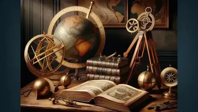 Wooden table with 16th-17th century scientific instruments, brass astrolabe, quadrant, open antique book, earth globe and telescope pointing towards a window.