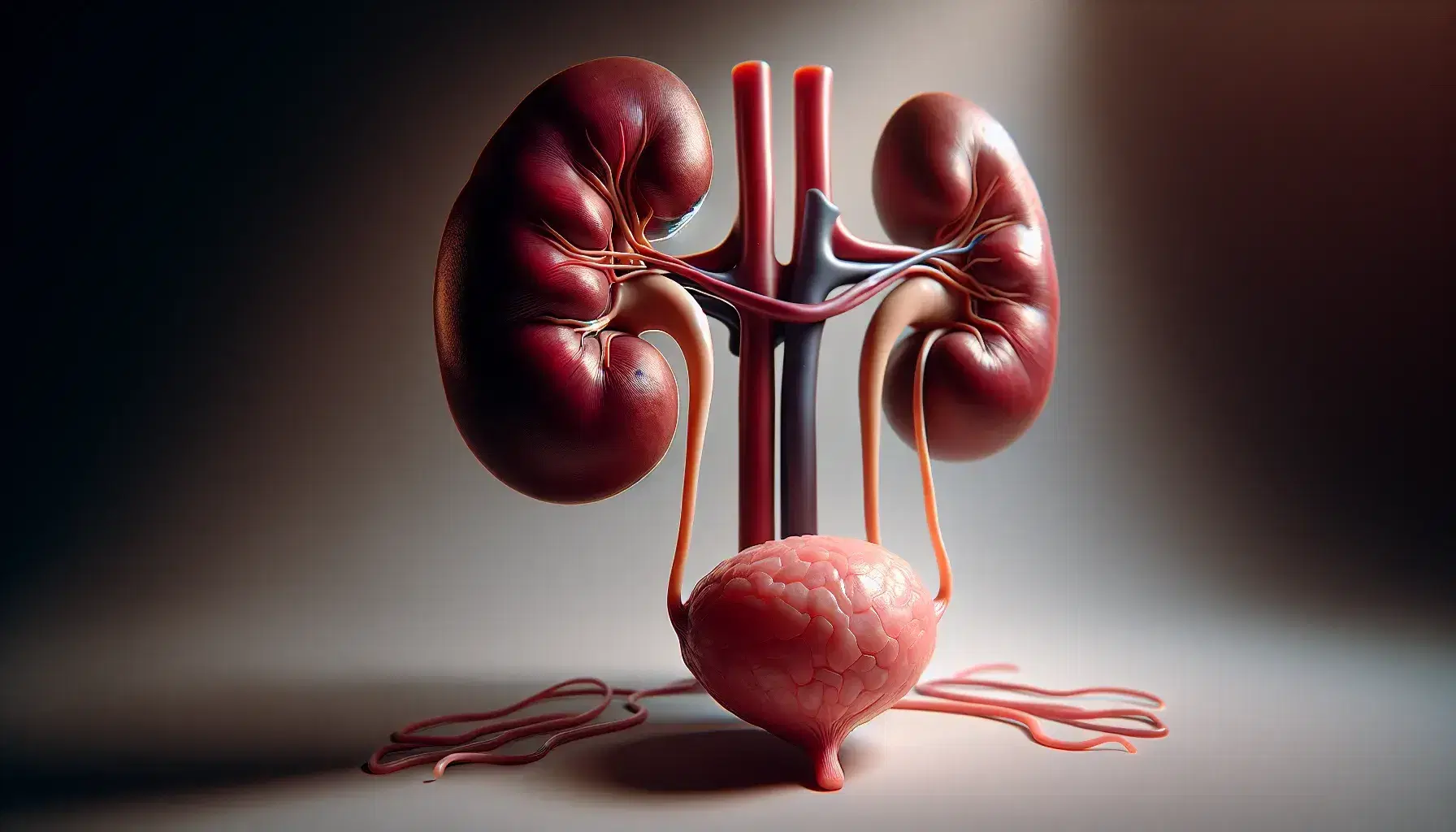 Sistema urinario humano en 3D con riñones rojo oscuro, uréteres claros y vejiga rojo pálido, destacando su anatomía detallada y texturas suaves.