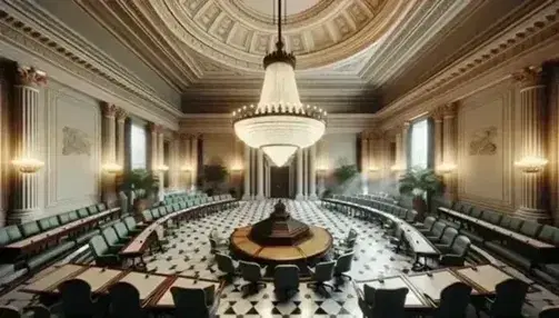 Neoclassical interior of a legislative chamber with circular table, blue chairs, crystal chandelier, podium and arched windows.