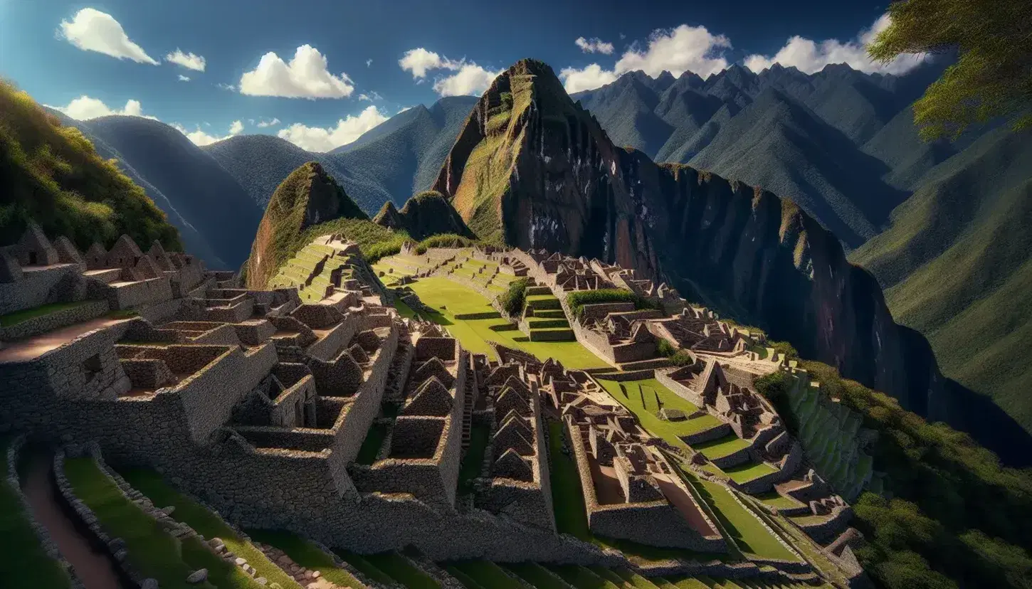 Vista panorámica de las antiguas ruinas de Machu Picchu con terrazas de piedra, vegetación verde y montaña prominente en un día despejado.