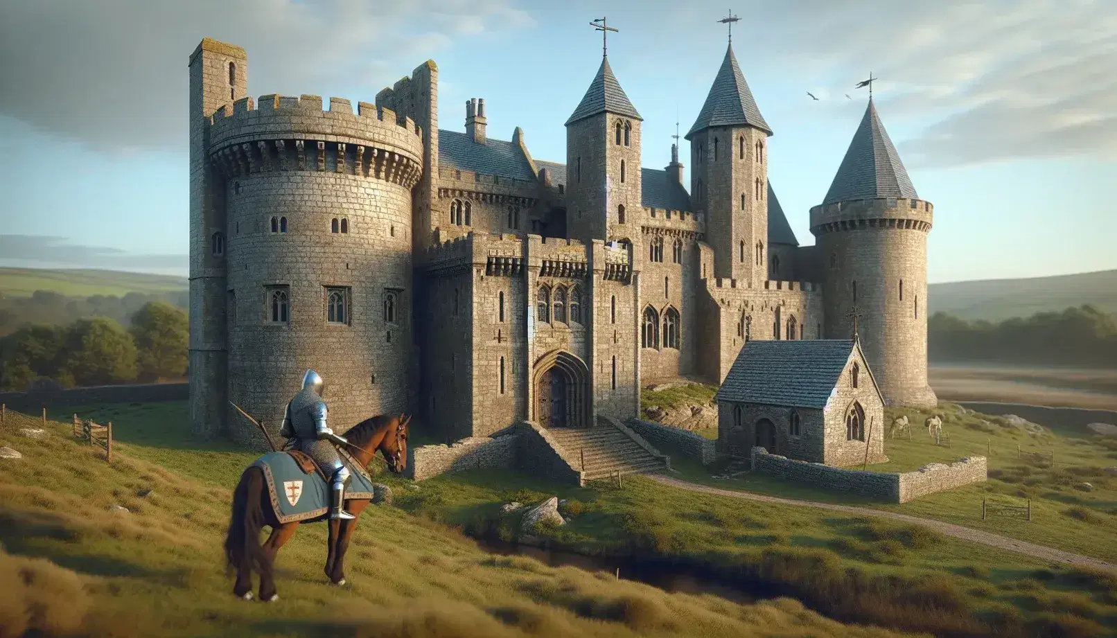 Medieval stone castle on a hill with battlements and towers, a knight on horseback in the foreground, and a small stone church to the side.