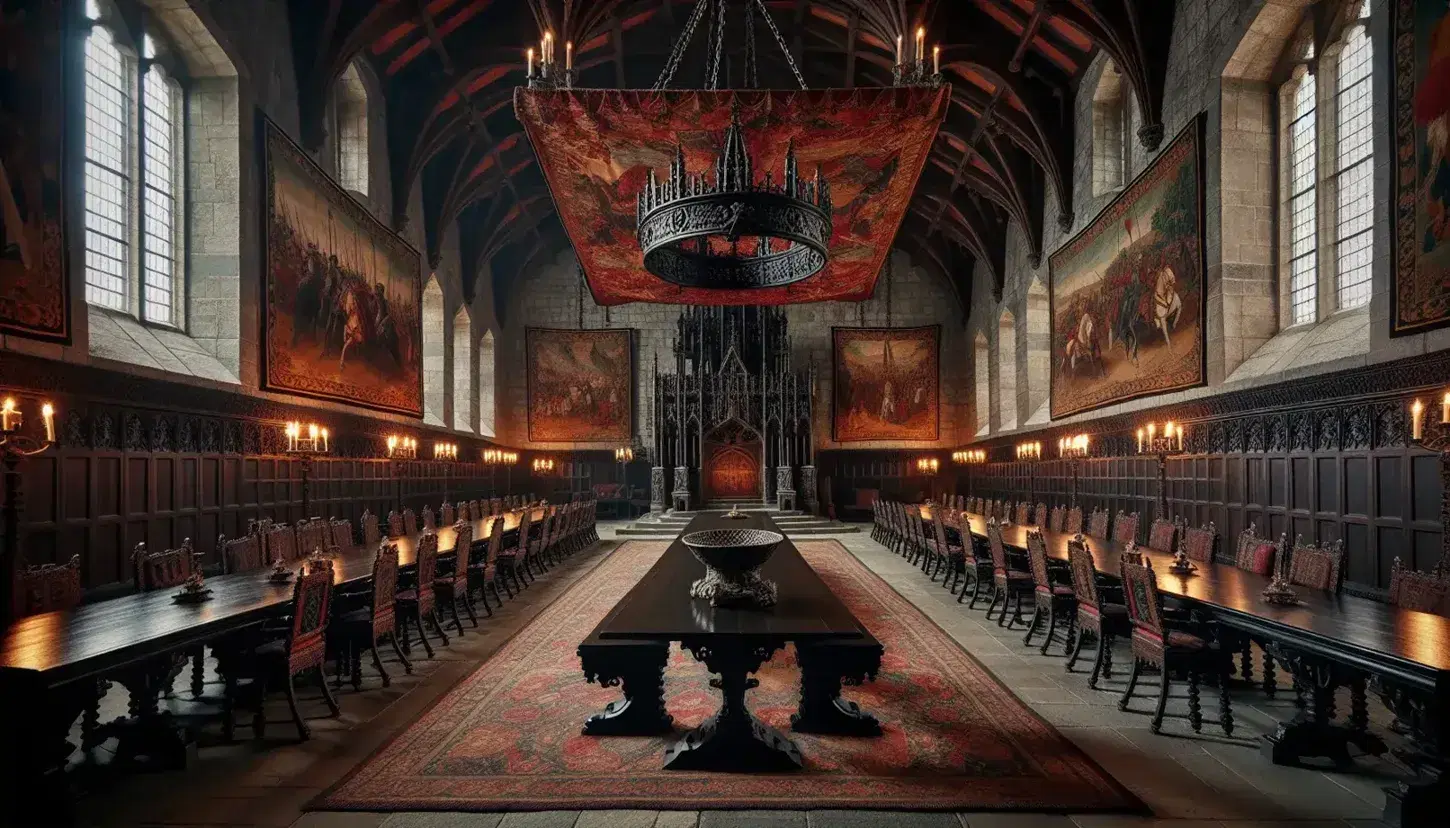 Sala maestosa di castello medievale con tavolo in legno, sedie antiche, arazzi colorati, trono scolpito e illuminazione a candela.
