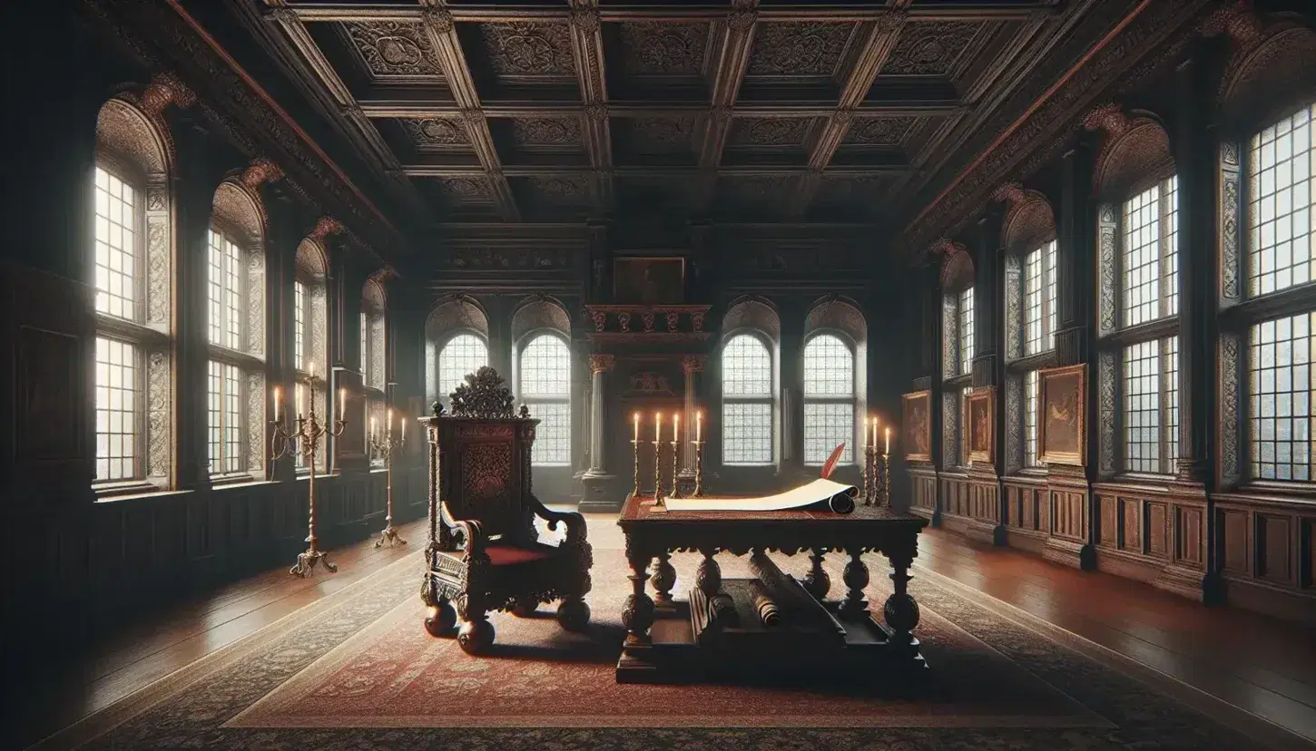 17th century room with dark wood walls, red carpet, carved throne-like chair, antique table with scroll, inkwell and lit candles.